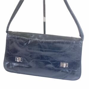 Maxximum Vintage Leather Satchel Purse Black Handbag Floral Lining Silver Accent